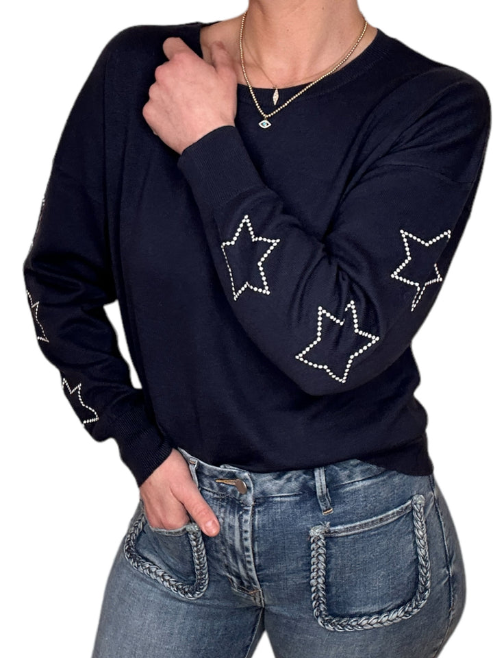 EMBROIDERED STAR SLEEVE SWEATER-NAVY