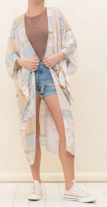 PATCHWORK PRINT KIMONO-SAGE/TAUPE - Kingfisher Road - Online Boutique