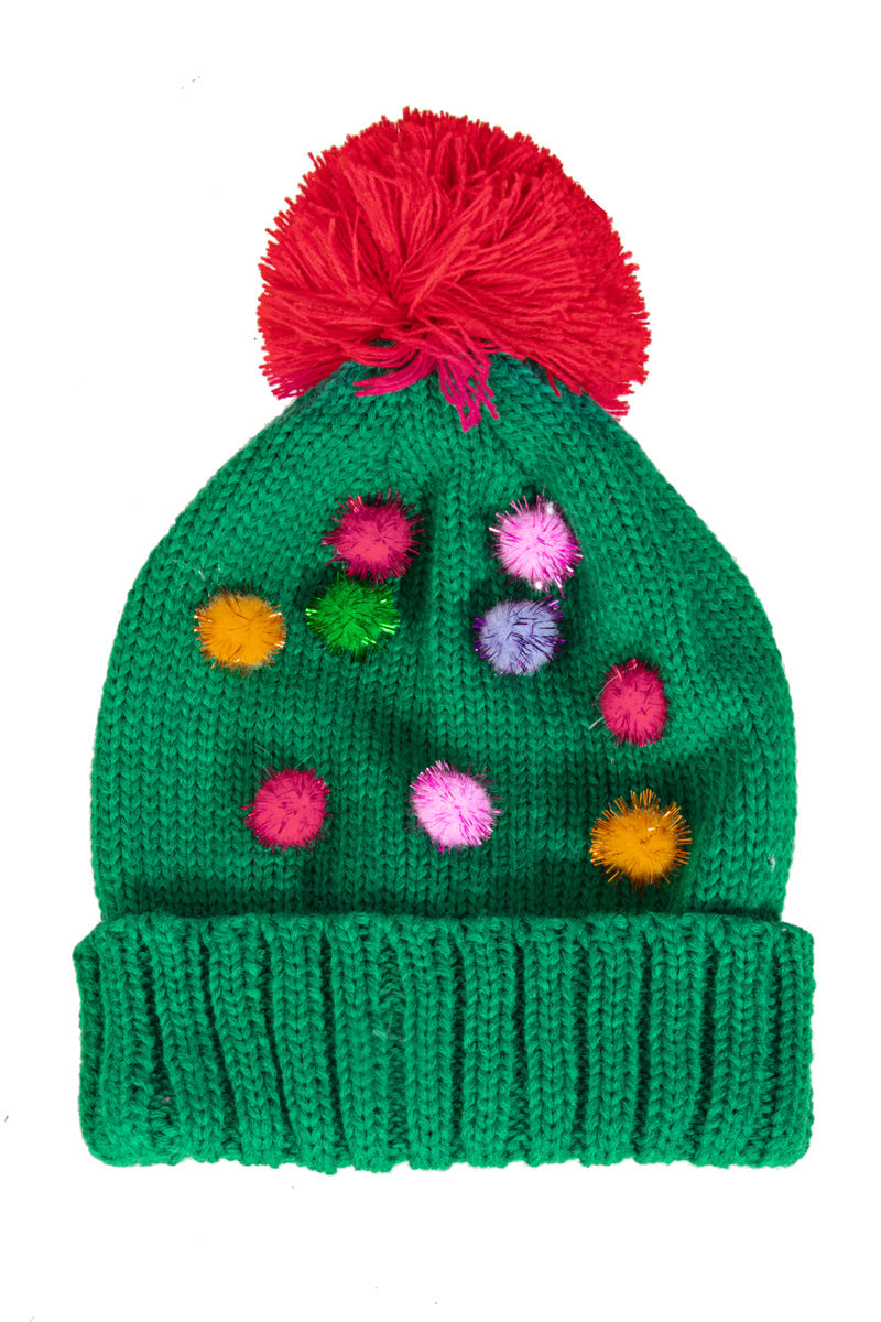 GREEN TINSEL POM BEANIE - Kingfisher Road - Online Boutique