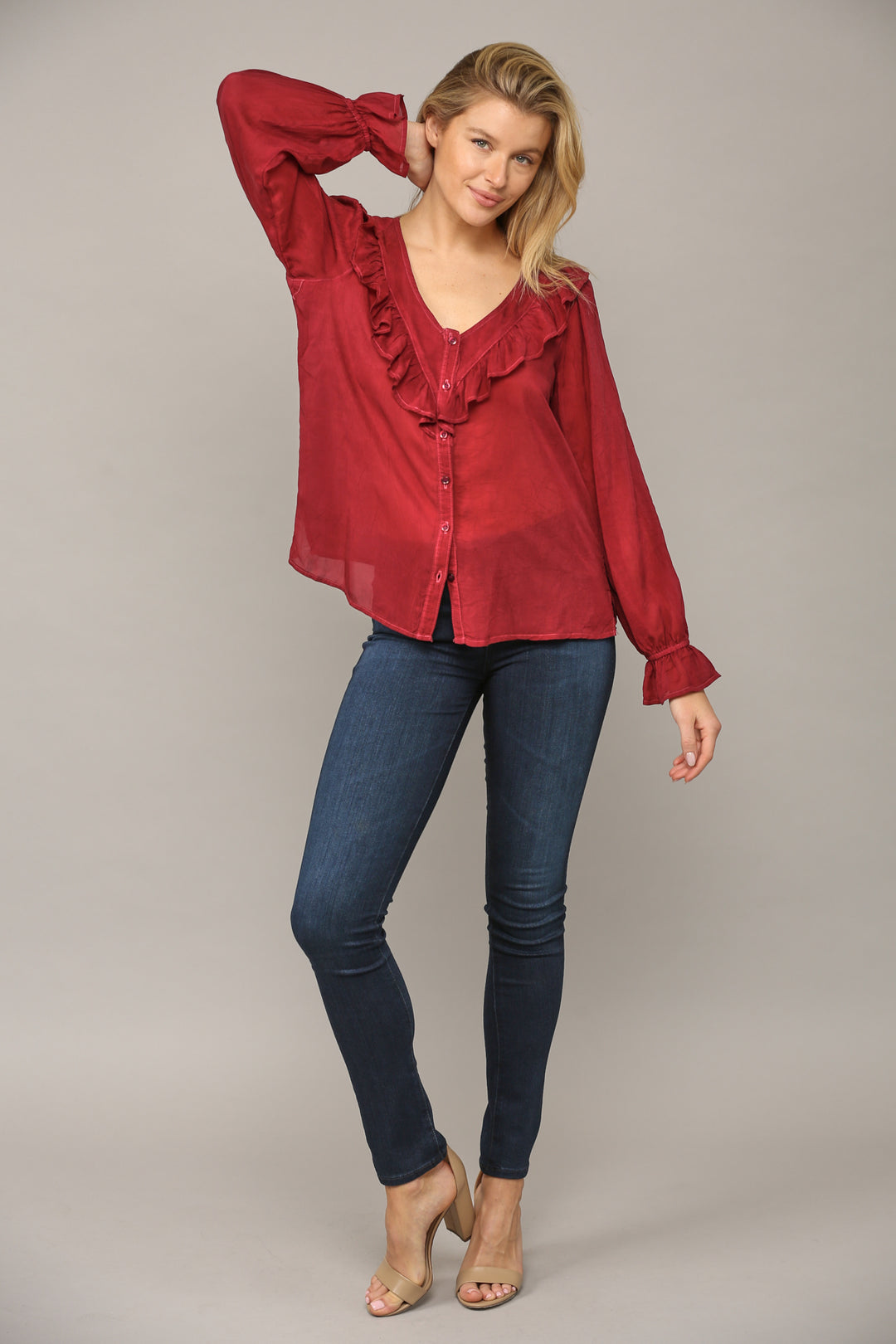 RUFFLE LONG SLEEVE TOP - RUBY - Kingfisher Road - Online Boutique