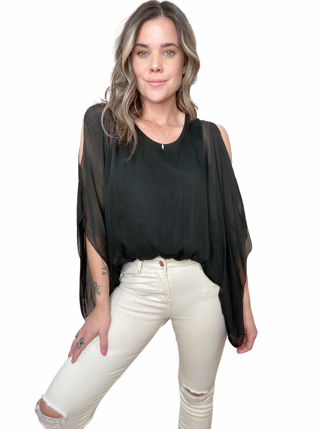 SILK COLD SHOULDER TOP - BLACK - Kingfisher Road - Online Boutique