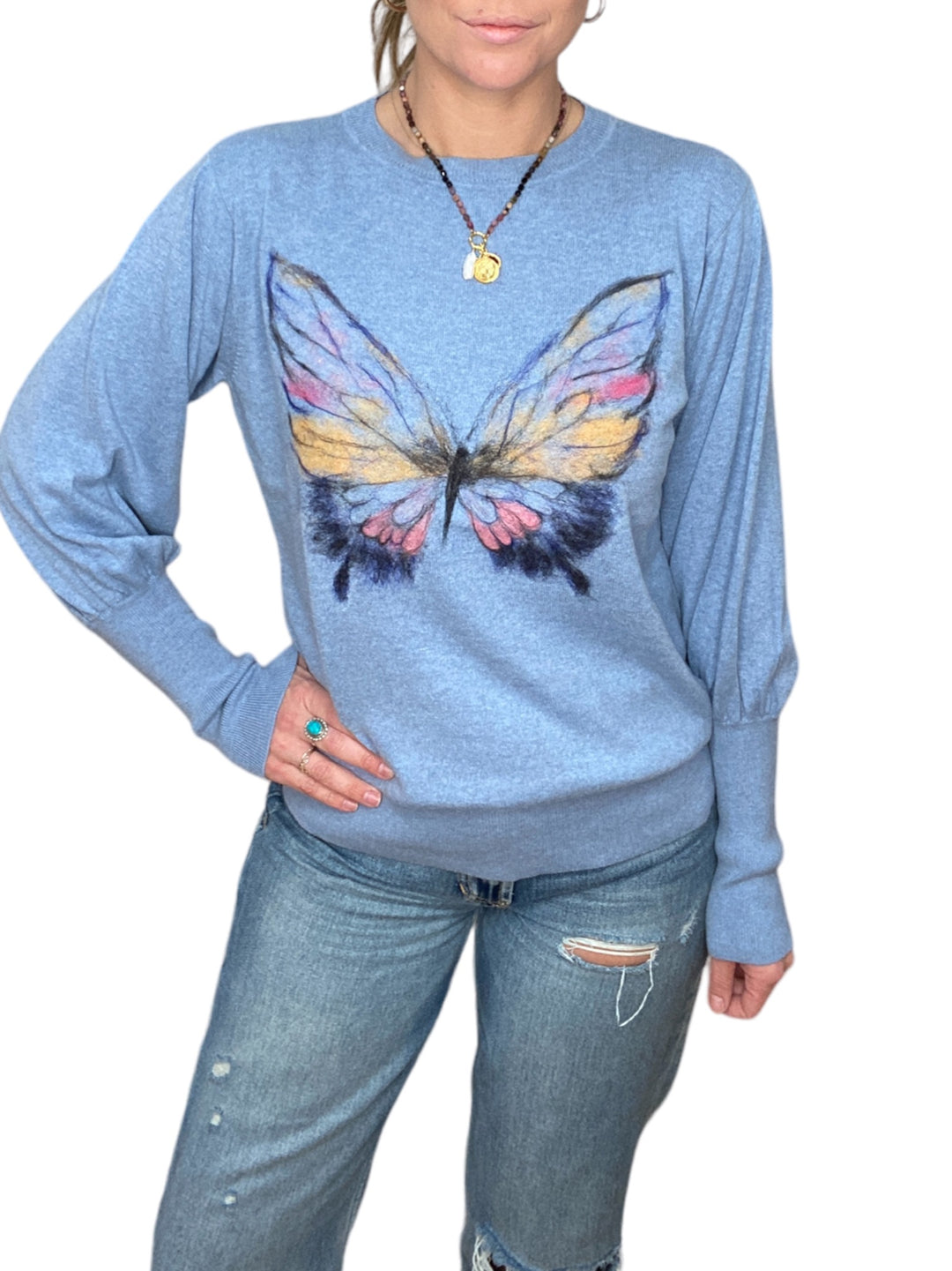 COTTON CASHMERE BUTTERFLY SWEATER-SKY BLUE - Kingfisher Road - Online Boutique