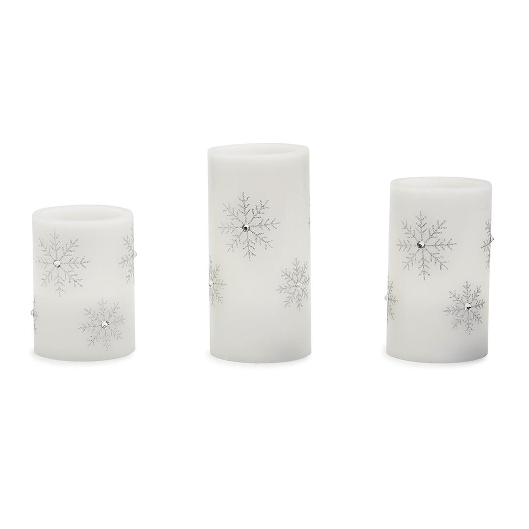 LARGE GLITTERING SNOWFLAKES FLAMELESS PILLAR CANDLES