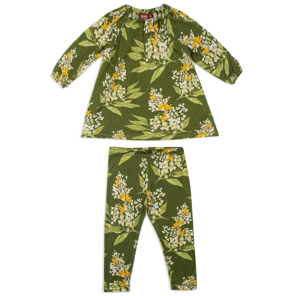 LONG SLEEVE BAMBOO GREEN FLORAL DRESS & LEGGING SET - Kingfisher Road - Online Boutique