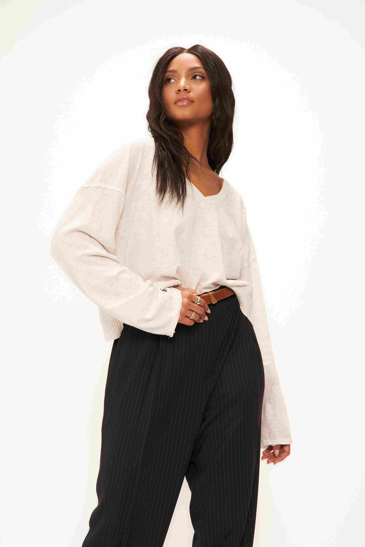 ADONIS V NECK SLUB LONGSLEEVE - VINTAGE WHITE - Kingfisher Road - Online Boutique