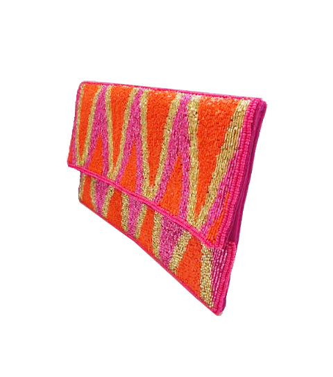 Seed Beaded Black, Fuchsia Orange Stripes Clutch/Crossbody Completely Beaded Both Sides outlet