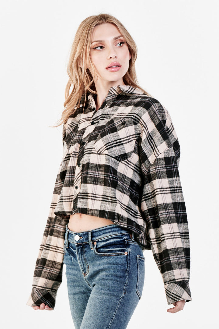 XANDRA LONG SLEEVE TOP - BLACK CREAM PLAID - Kingfisher Road - Online Boutique