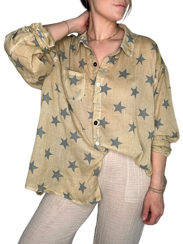 BLUE STAR BUTTON FRONT BLOUSE - Kingfisher Road - Online Boutique