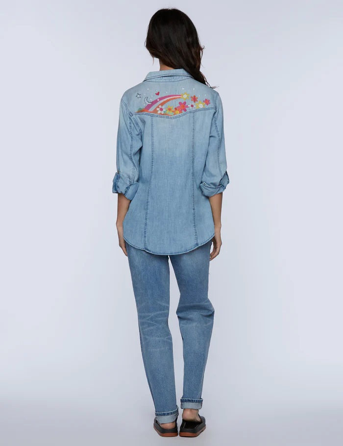 TO THE MOON AND BACK DENIM EMBRPOIDERED SHIRT - Kingfisher Road - Online Boutique