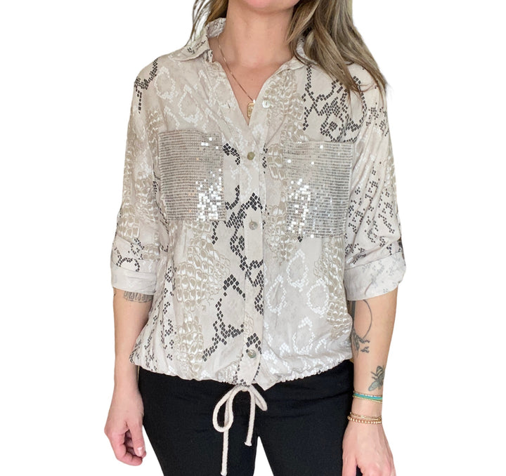 BEIGE SEQUIN POCKET SNAKE PRINT TOP - Kingfisher Road - Online Boutique