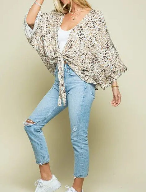 3/4 SLEEVE TIE FRONT TOP-ANIMAL PRINT - Kingfisher Road - Online Boutique