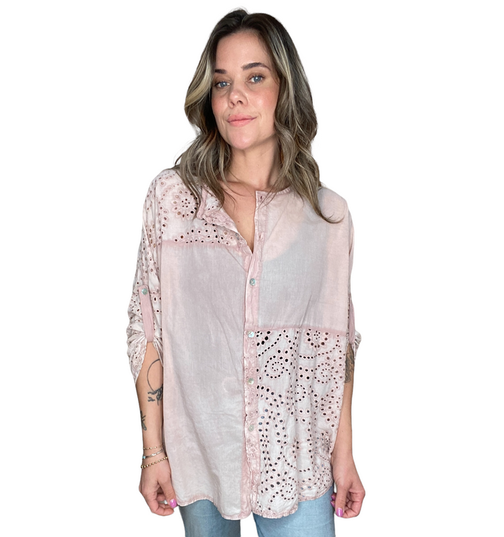 EYELET EMBROIDERED BUTTON TOP - ROSE - Kingfisher Road - Online Boutique