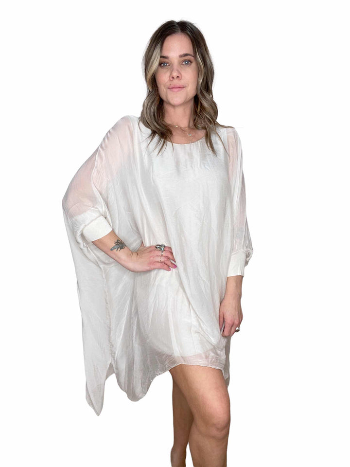 SILK ROUND NECK LONG TUNIC - BEIGE - Kingfisher Road - Online Boutique