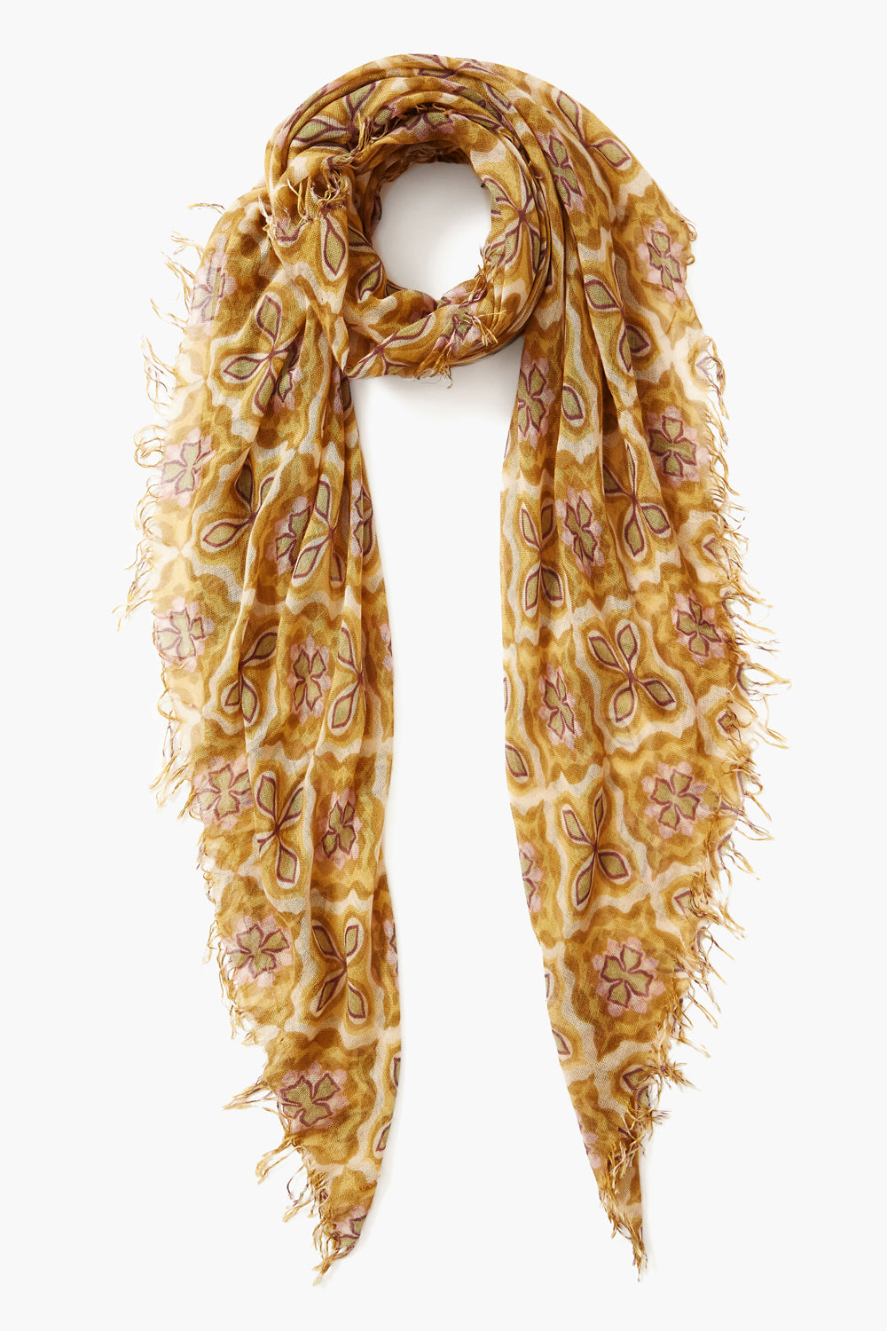 MINERAL YELLOW SILK VINTAGE TILE INSPIRED PRINT SCARF - Kingfisher Road - Online Boutique