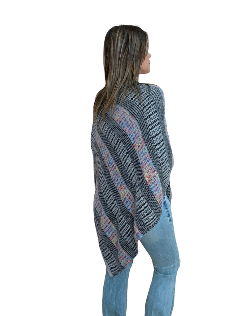 GREY FURRY KNIT STRIPE PONCHO - Kingfisher Road - Online Boutique