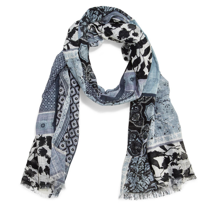 BLUE MIXED PRINT SCARF WITH EYELASH FRINGE - Kingfisher Road - Online Boutique