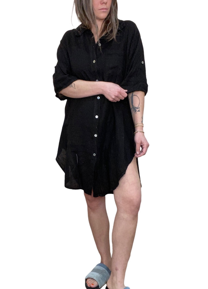 LINEN BUTTON DOWN SHIRT DRESS BLACK - Kingfisher Road - Online Boutique