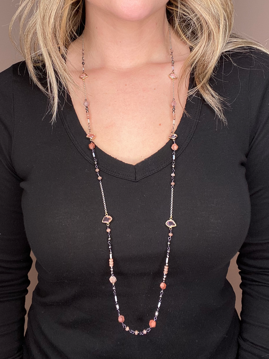 PINK AGATE BEAD CHAIN NECKLACE - Kingfisher Road - Online Boutique