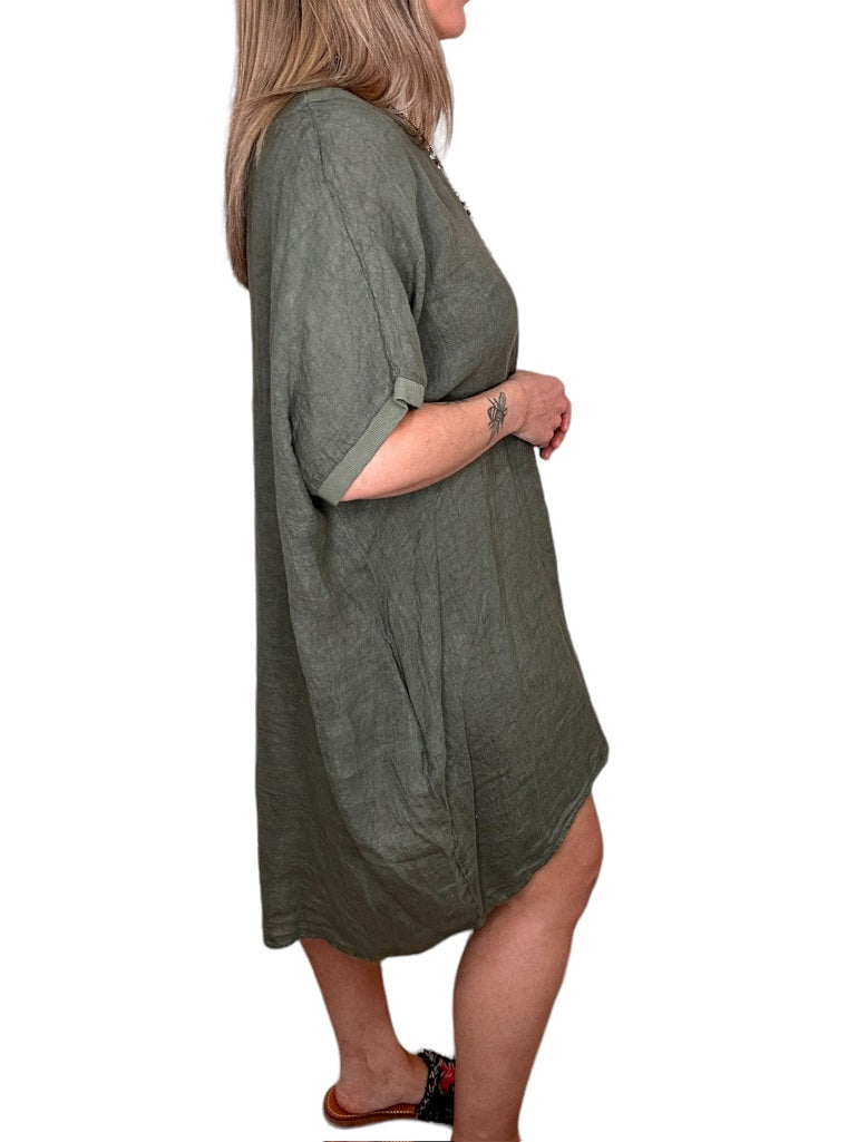 LINEN RIB TRIM ROUND NECK TUNIC-SAGE - Kingfisher Road - Online Boutique