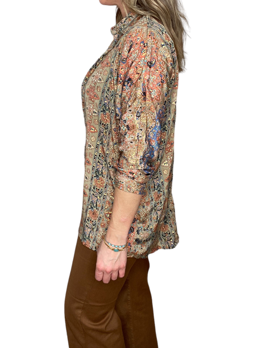 BROWN PRINT SILKY BUTTON DOWN TOP - Kingfisher Road - Online Boutique
