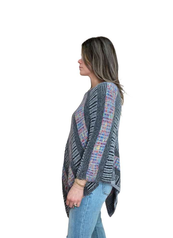 GREY FURRY KNIT STRIPE PONCHO - Kingfisher Road - Online Boutique