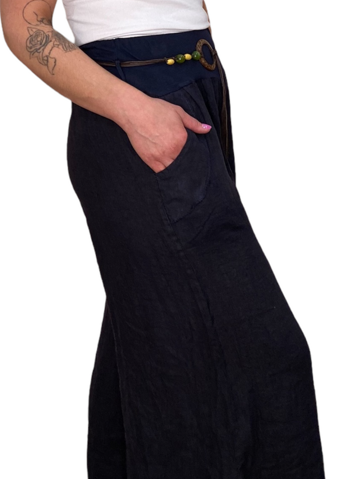 BELTED LINEN PALAZZO PANTS - BLACK - Kingfisher Road - Online Boutique