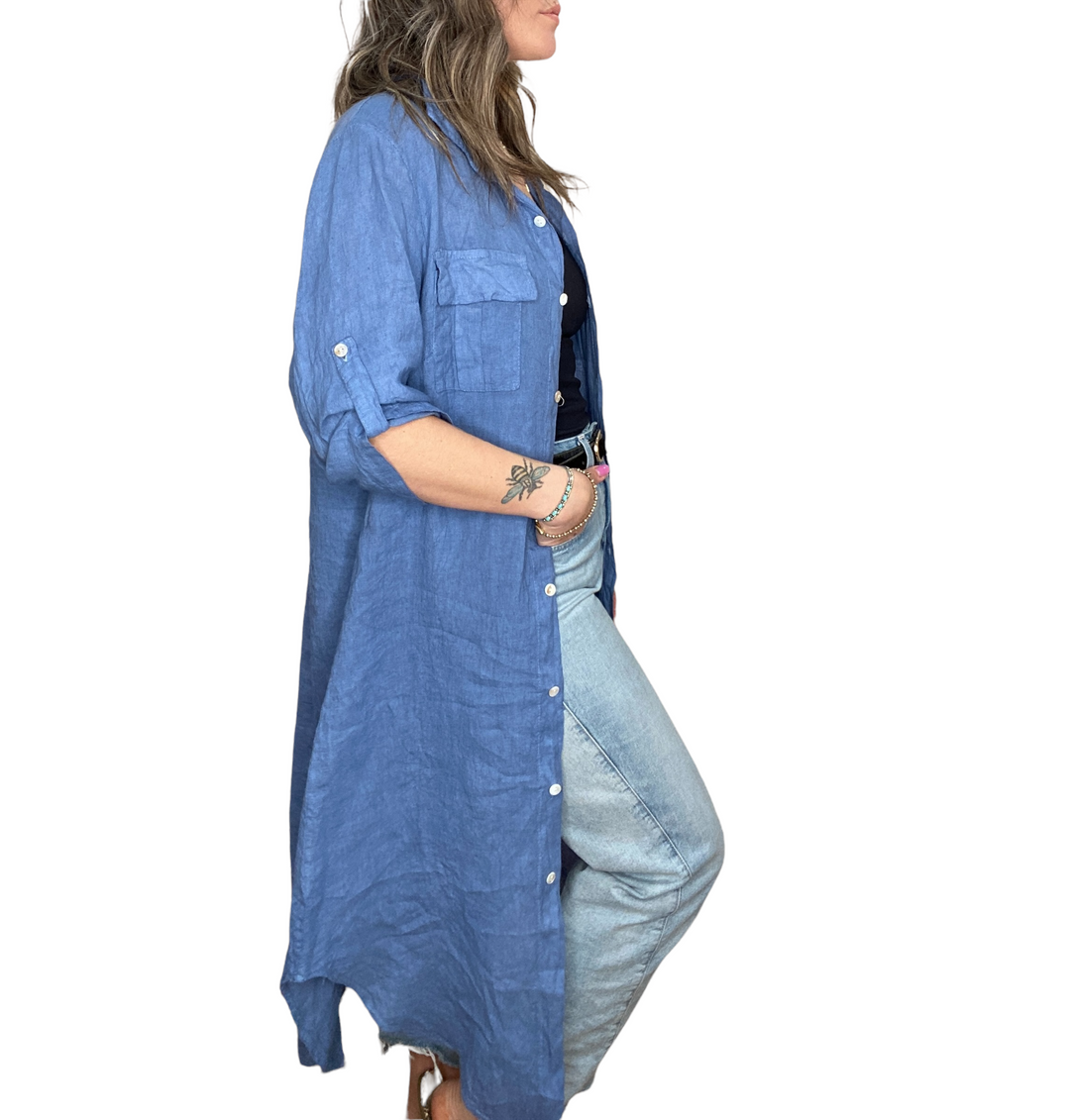 LONG LINEN BUTTON DOWN SHIRT DRESS CHAMBRAY - Kingfisher Road - Online Boutique