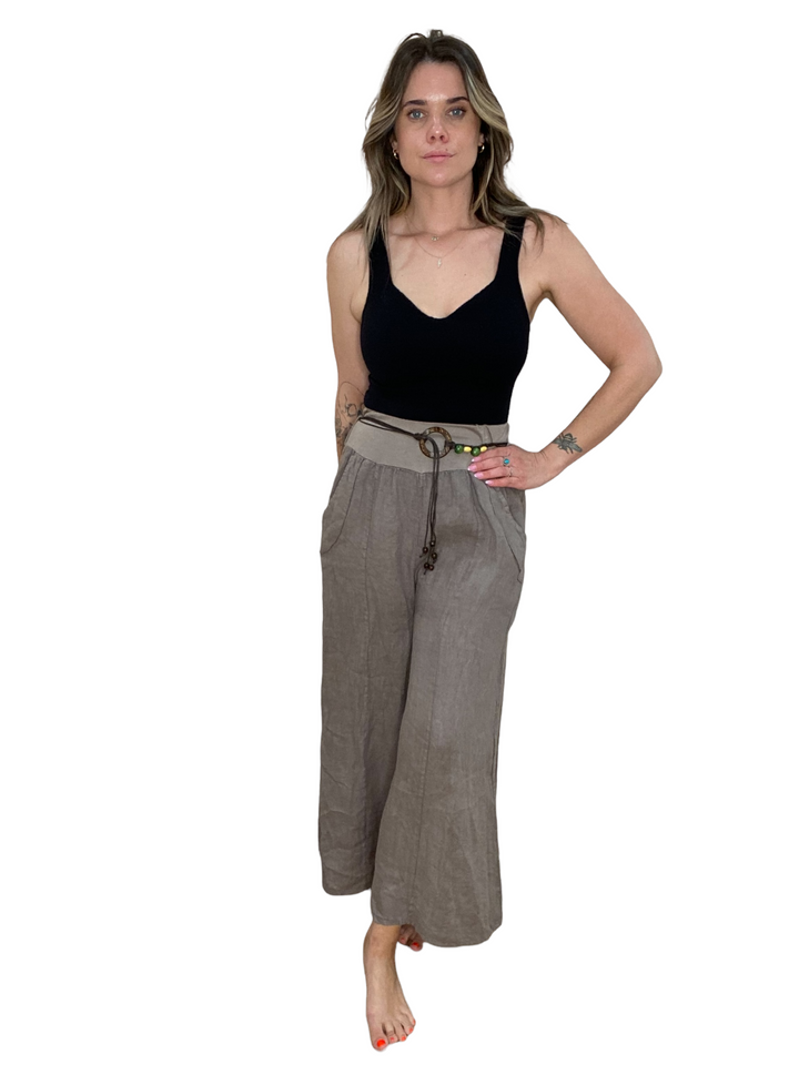 BELTED LINEN PALAZZO PANTS - TAUPE - Kingfisher Road - Online Boutique