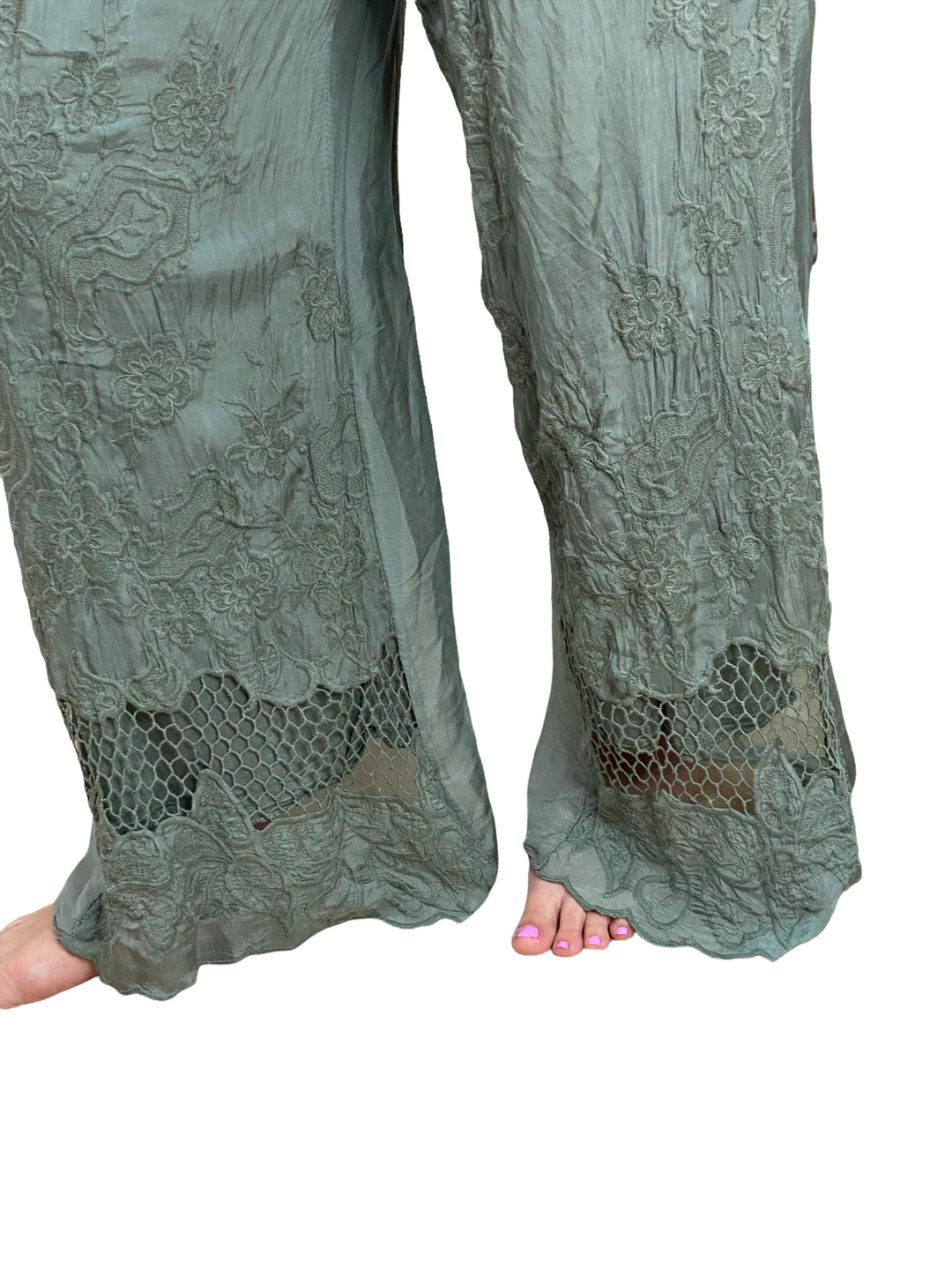SILK EMBROIDERED PALAZZO PANTS - SAGE - Kingfisher Road - Online Boutique
