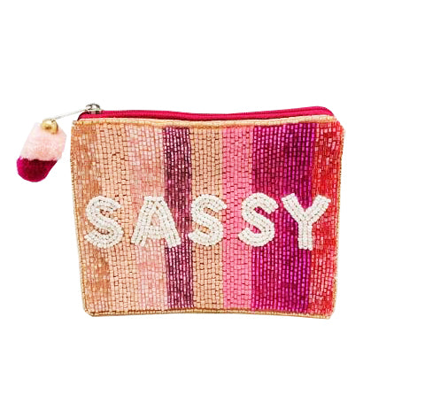 SASSY PINK STRIPE POUCH WITH POM POM - Kingfisher Road - Online Boutique