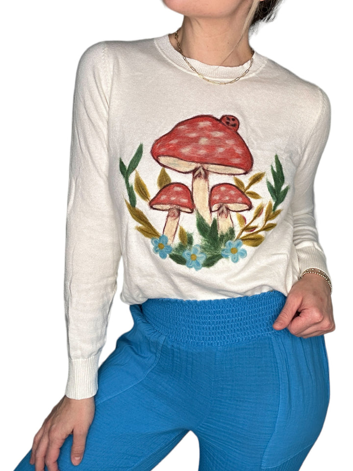 COTTON CASHMERE MUSHROOM CREW NECK SWEATER-CREAM - Kingfisher Road - Online Boutique