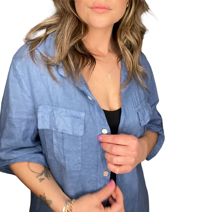 LONG LINEN BUTTON DOWN SHIRT DRESS CHAMBRAY - Kingfisher Road - Online Boutique