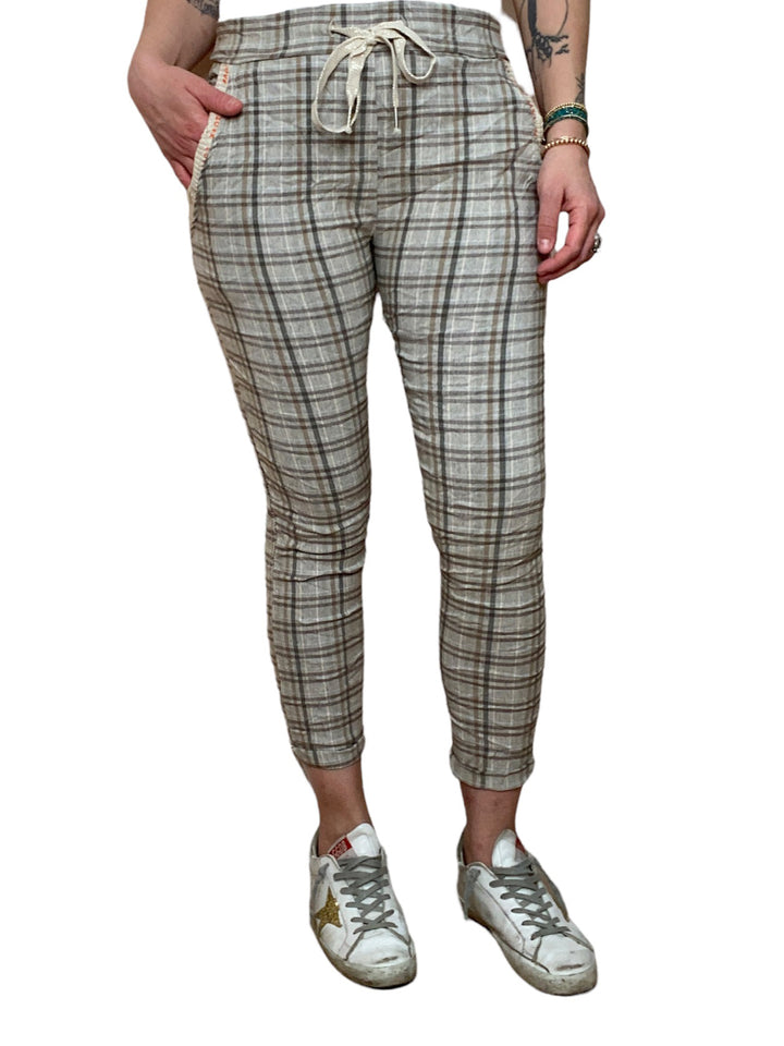 TAUPE PLAID DRAWSTRING PANT - Kingfisher Road - Online Boutique