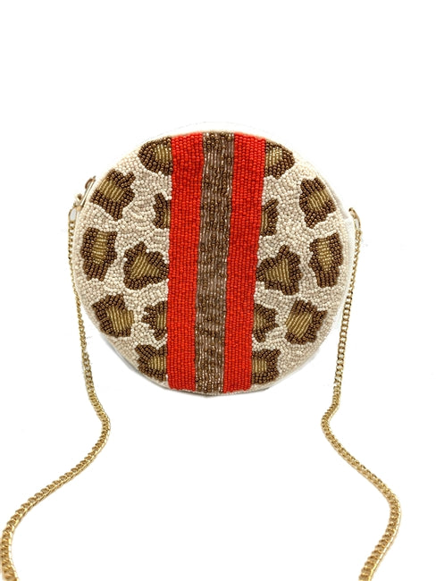 RED /GOLD STRIPE WHITE LEOPARD ROUND BEADED BAG - Kingfisher Road - Online Boutique