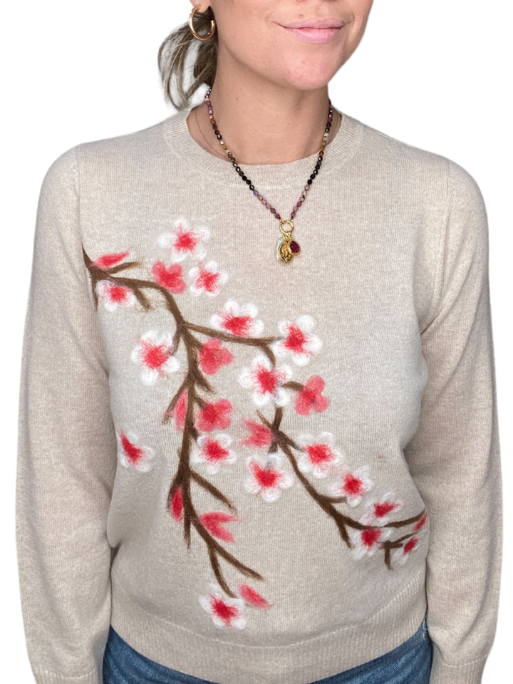 CASHMERE CHERRY BLOSSOM SWEATER-CHAMPAGNE - Kingfisher Road - Online Boutique