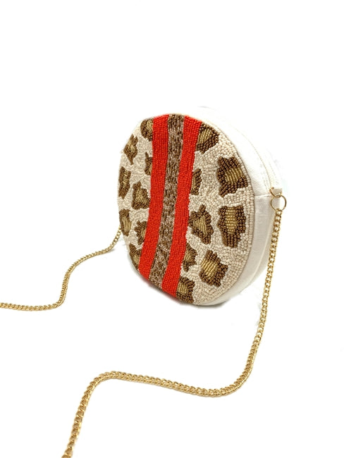 RED /GOLD STRIPE WHITE LEOPARD ROUND BEADED BAG - Kingfisher Road - Online Boutique