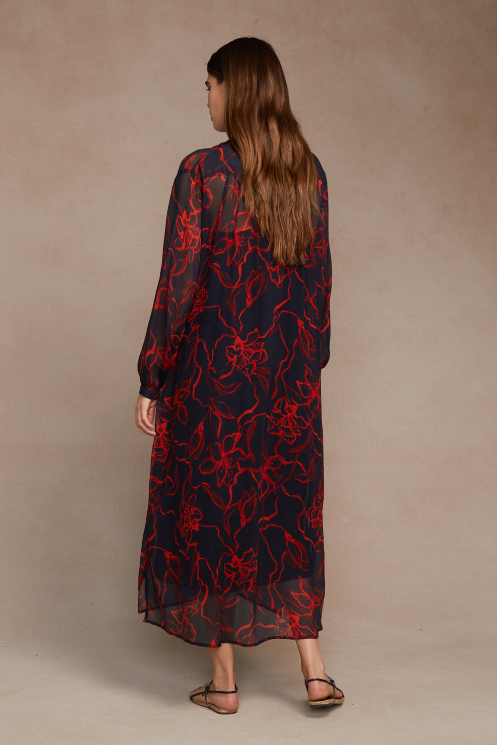 SILK CHIFFON LONG SLEEVE DRESS-DARK SAPPHIRE - Kingfisher Road - Online Boutique