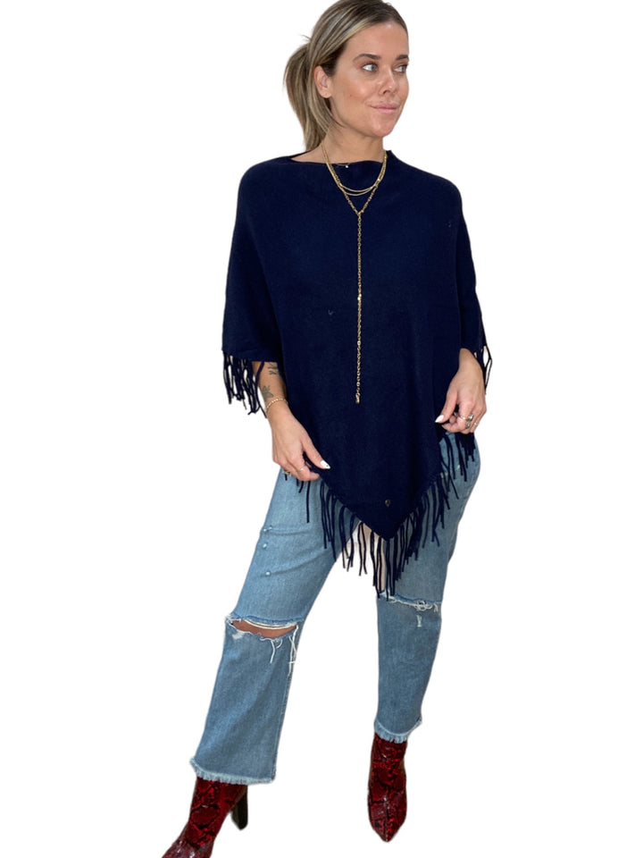 FRINGE PONCHO - NAVY - Kingfisher Road - Online Boutique