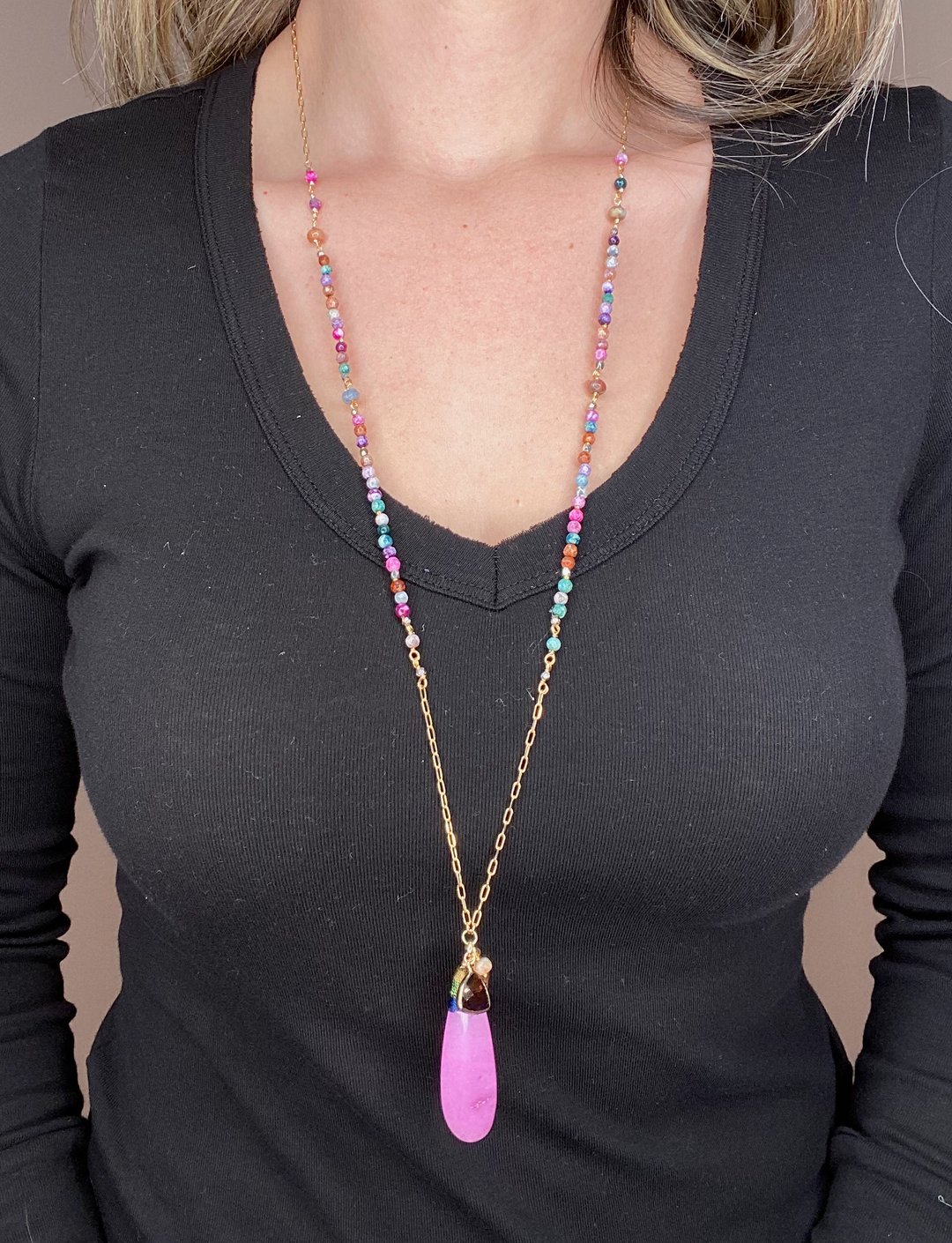 PINK PENDANT THREE STRAND NECKLACE - Kingfisher Road - Online Boutique
