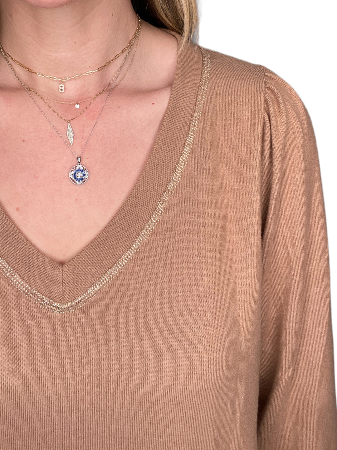 GABRIELLA V-NECK 3/4 SLV SWEATSHIRT - CAMEL - Kingfisher Road - Online Boutique