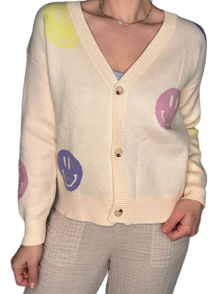 CREAM SMILEY FACE BUTTON UP CARDIGAN - Kingfisher Road - Online Boutique