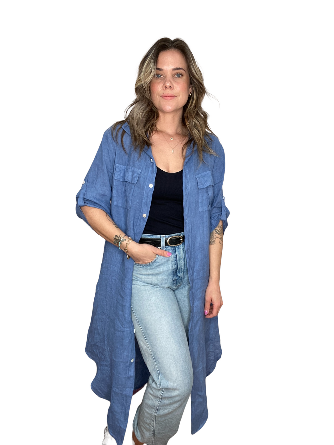 LONG LINEN BUTTON DOWN SHIRT DRESS CHAMBRAY - Kingfisher Road - Online Boutique