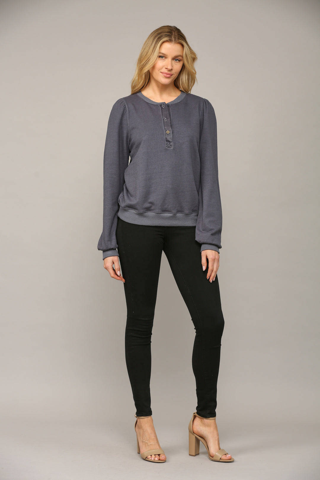 LONG SLEEVE BUTTON SWEATER - ZINC - Kingfisher Road - Online Boutique