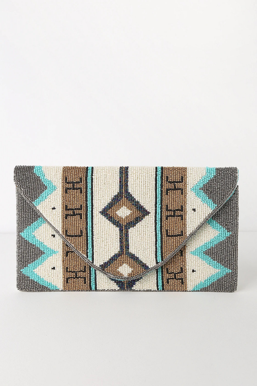 TURQUOISE/GOLD GEOMETRIC BEADED CLUTCH - Kingfisher Road - Online Boutique