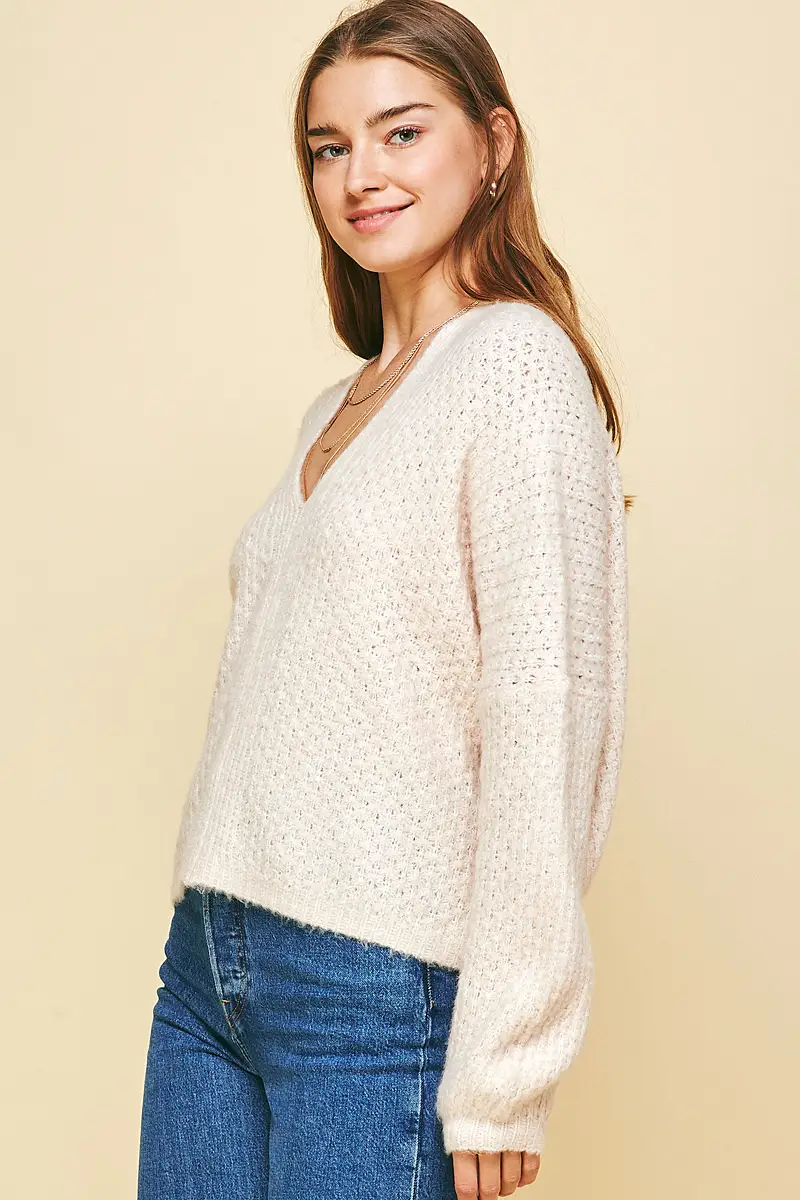 CREAM OPEN KNIT V-NECK SWEATER - Kingfisher Road - Online Boutique