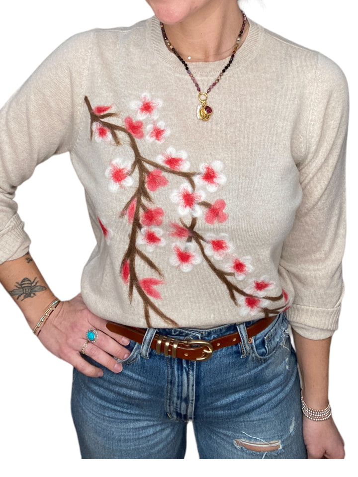 CASHMERE CHERRY BLOSSOM SWEATER-CHAMPAGNE - Kingfisher Road - Online Boutique