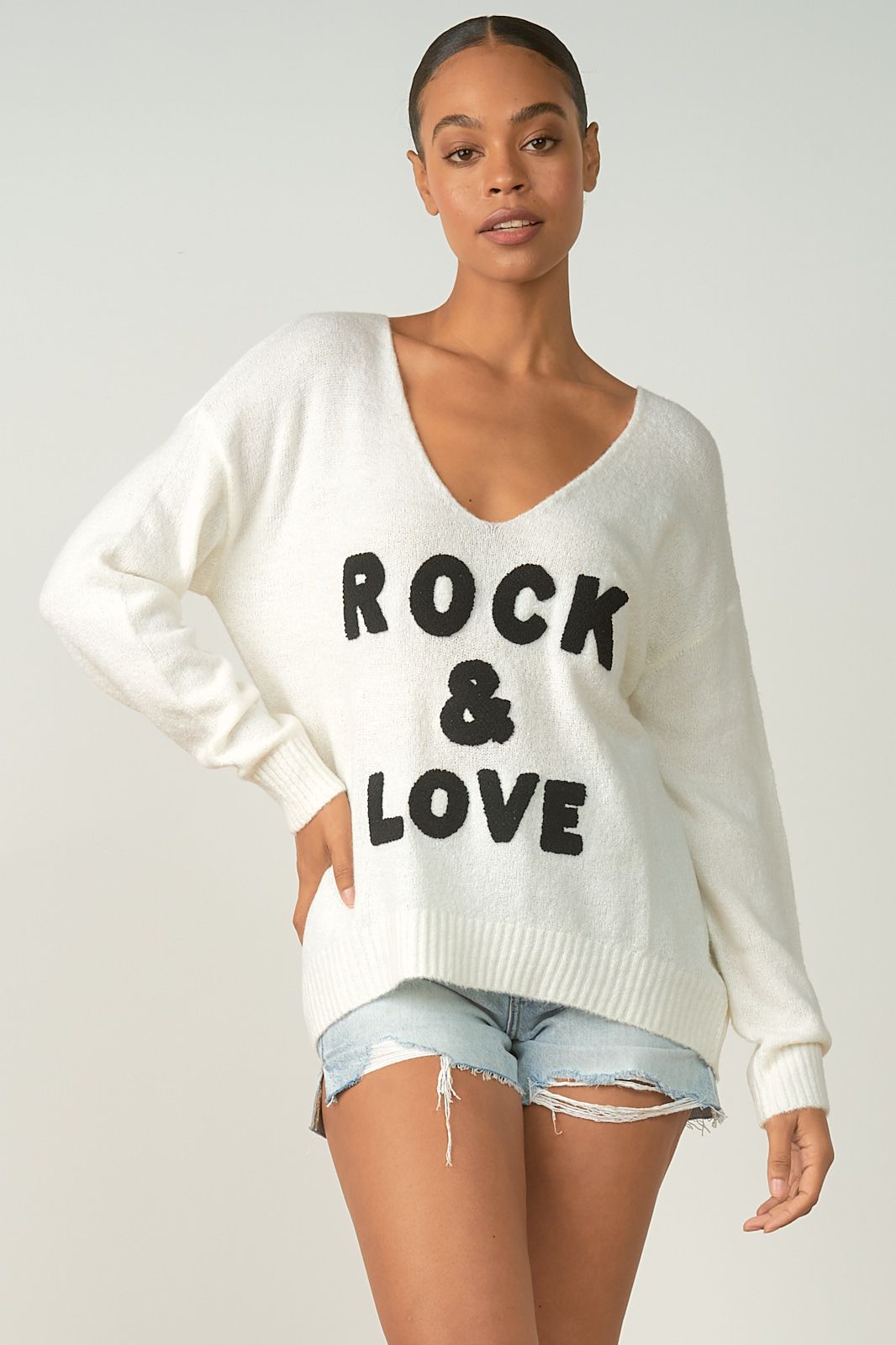 WHITE ROCK & LOVE V-NECK SWEATER - Kingfisher Road - Online Boutique