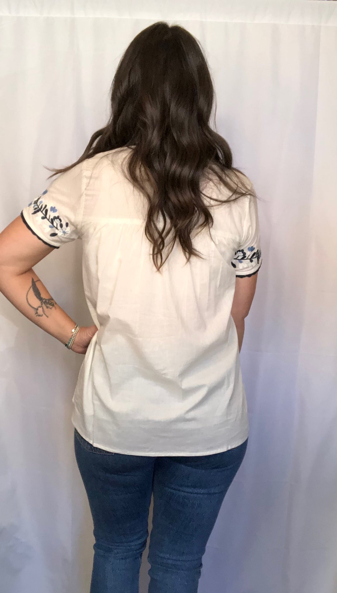 White/Blue Embroidered Short Sleeve Top
