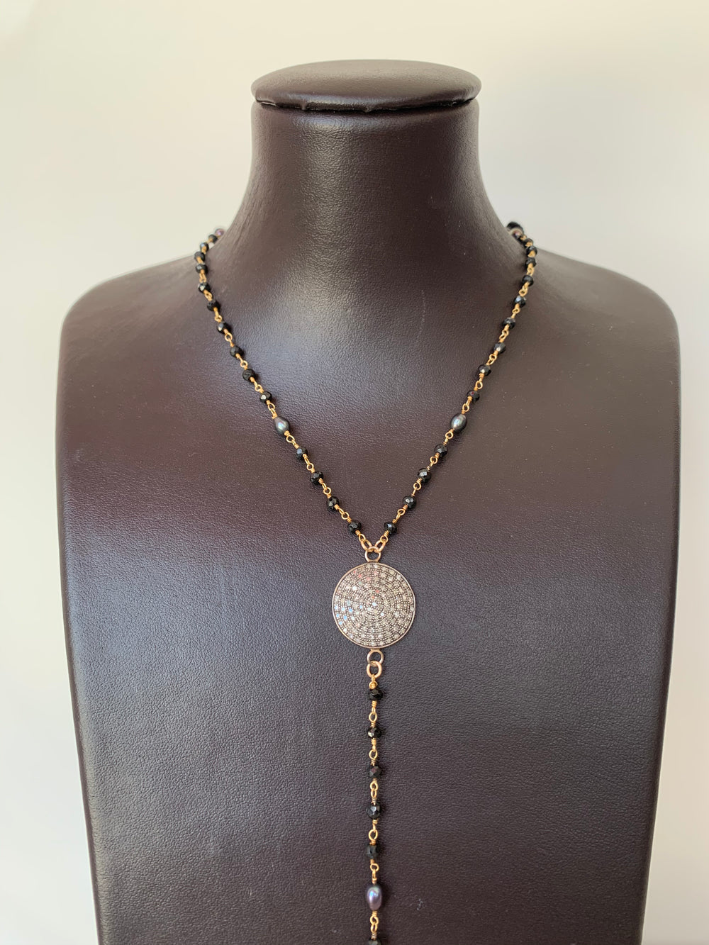 Onyx & Pearl Lariat With Diamond Disc - Kingfisher Road - Online Boutique