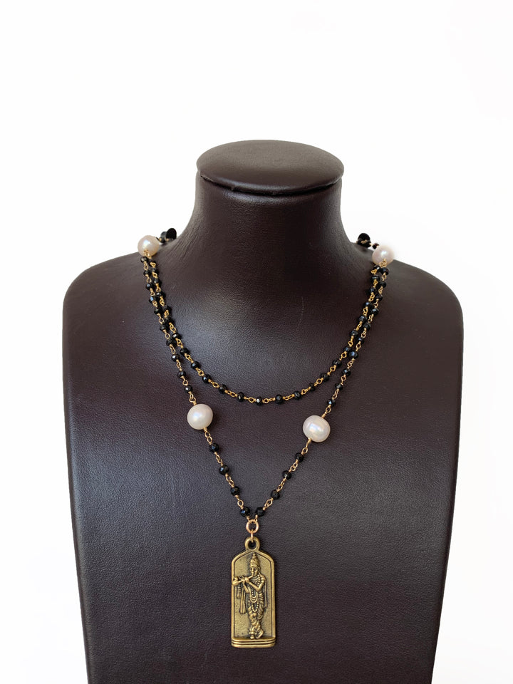 Onyx & Pearl Necklace With Buddha - Kingfisher Road - Online Boutique